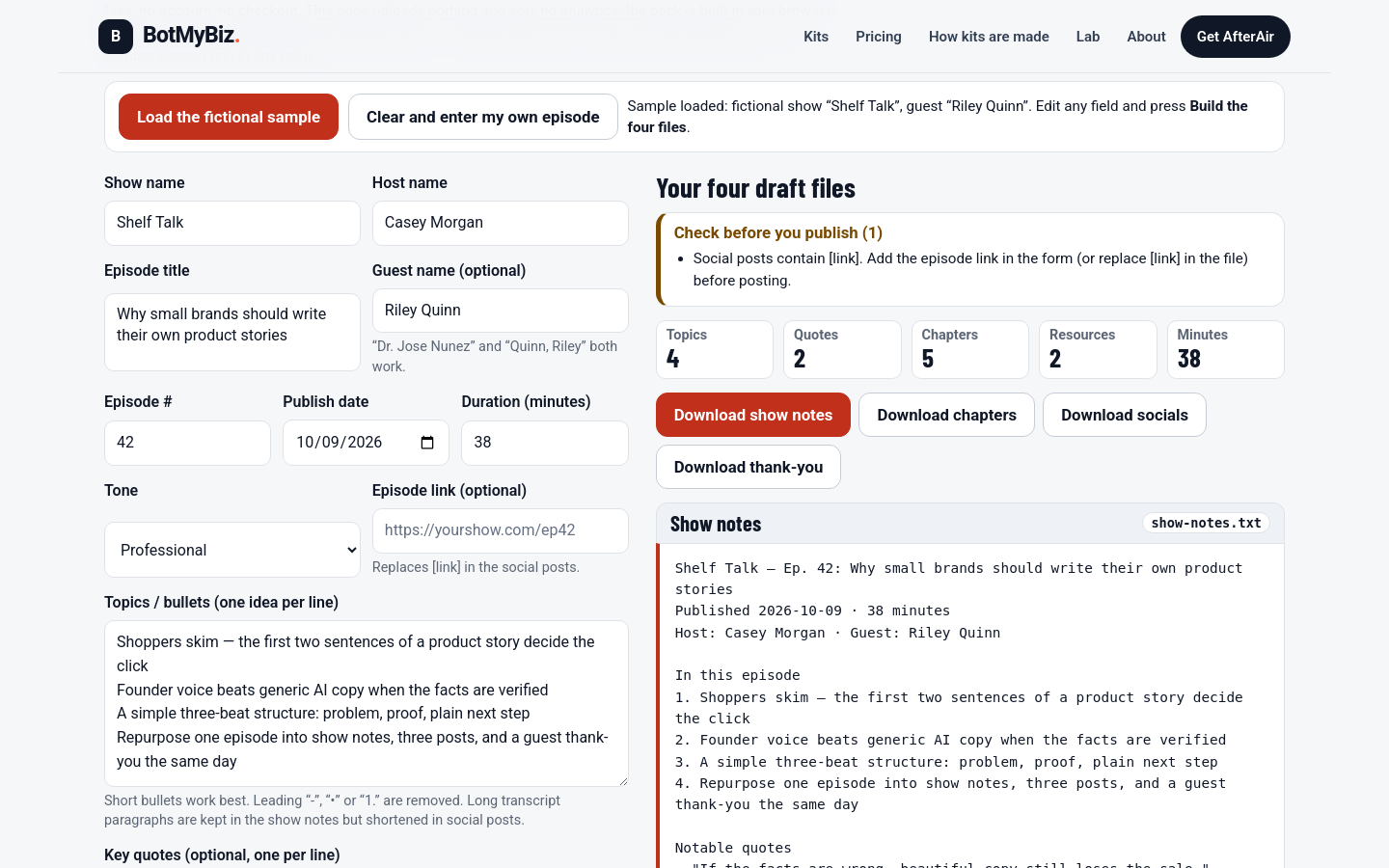 AfterAir demo at 1440 px: sample and clear buttons on top, the episode form on the left and the built show notes, statistics and download buttons on the right