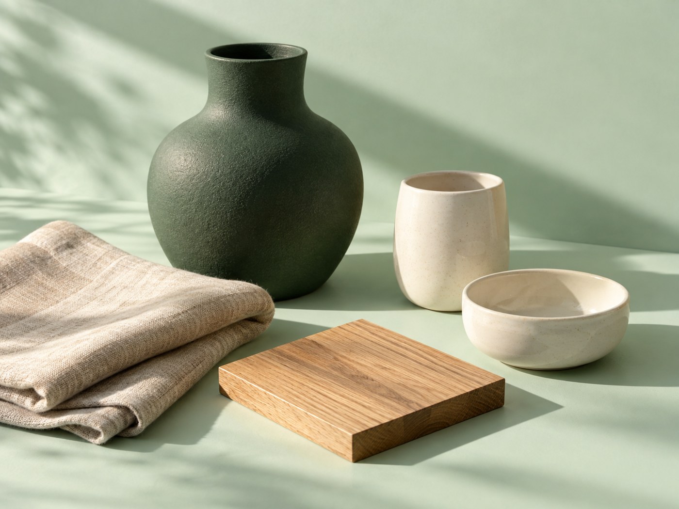 Concept photograph of homewares: a ceramic vase, bowls and folded linen on a shelf. Generated for the brand, not real inventory.