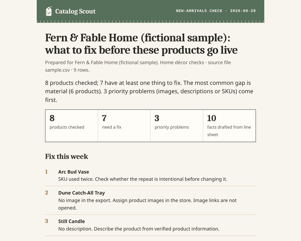 Top of the client report: 8 products checked, 7 need a fix, 3 priority problems, 10 facts drafted, and Fix this week