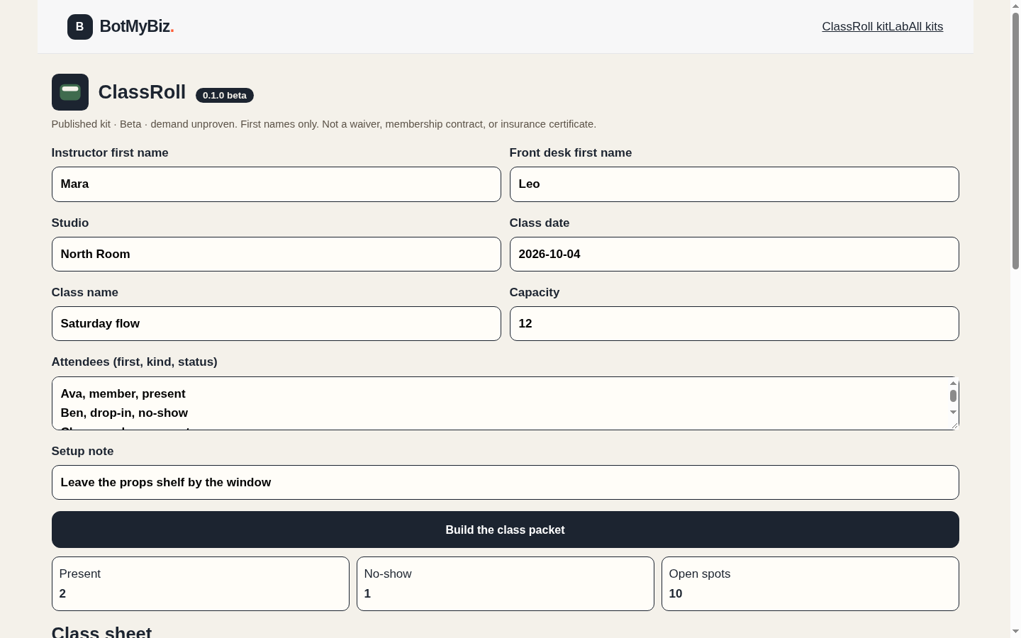 ClassRoll demo at 1440 px with the fictional North Room Saturday flow sheet for instructor Mara.