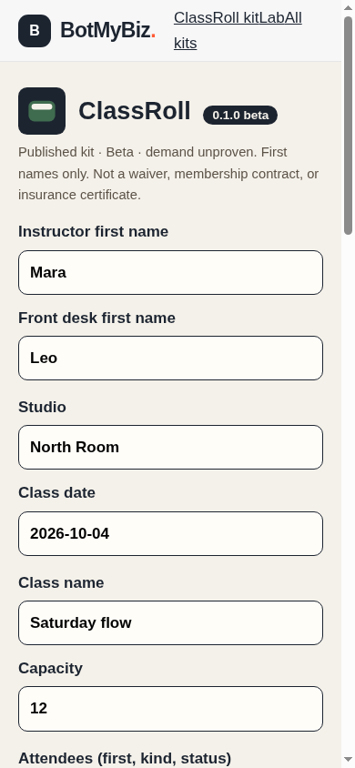 ClassRoll demo at 390 px with the fictional North Room class packet stacked for a phone.