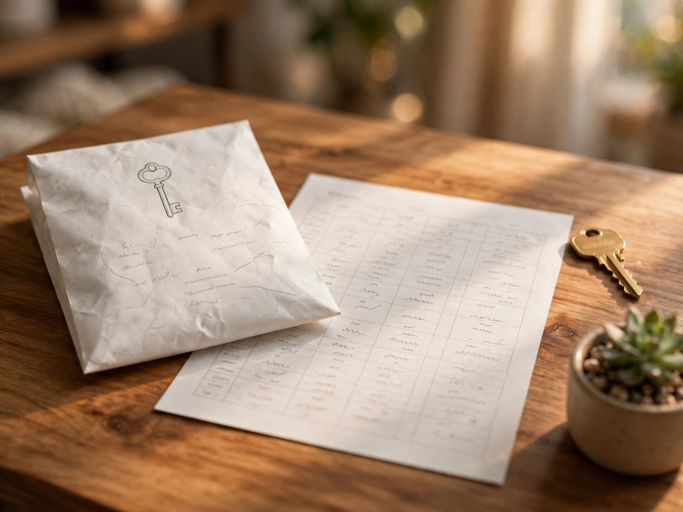 Printed KeyTurn move-in welcome packet and rent ledger on a warm desk — conceptual product-in-use still, not a real client