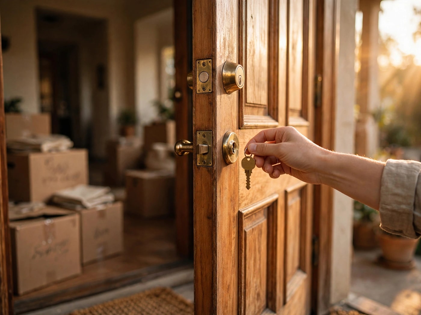 Concept photograph of a front door slightly ajar with a brass key at the lock and move-in boxes — generated for the KeyTurn brand, not a real client
