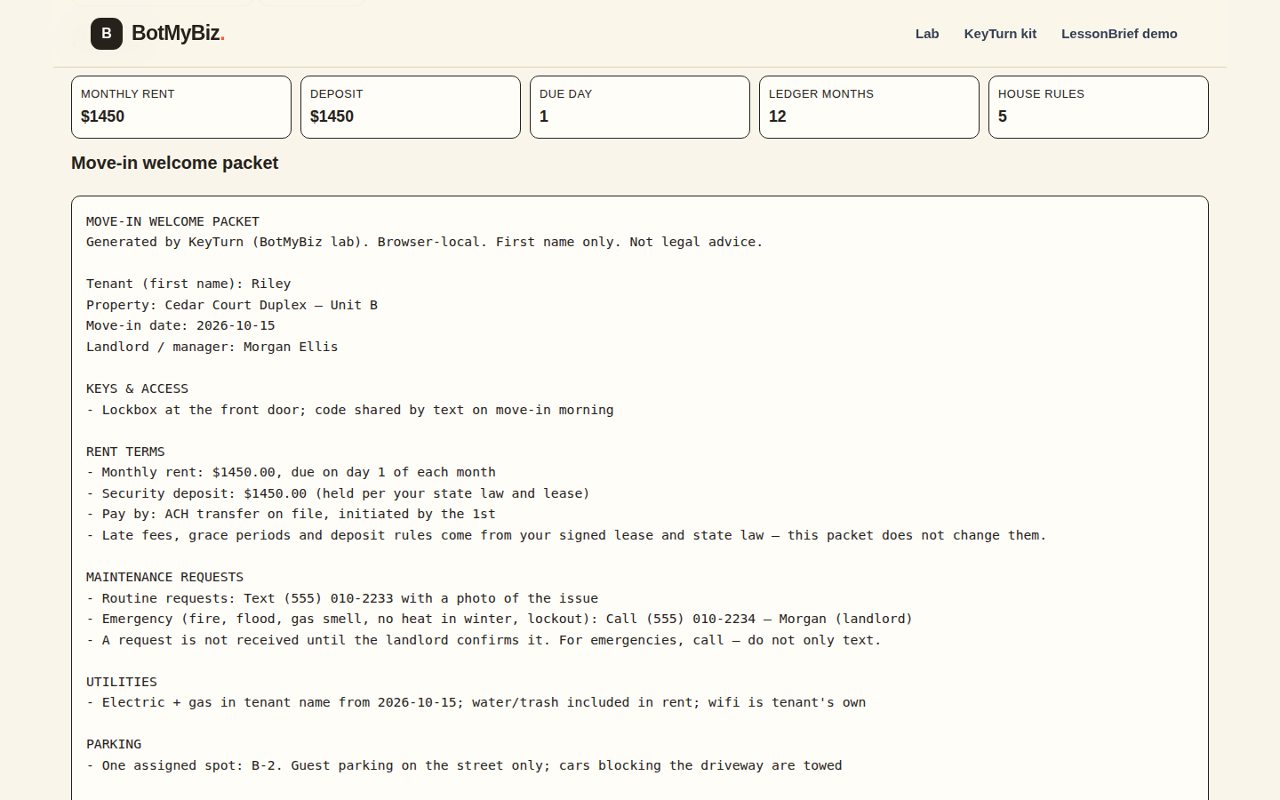 Full-page KeyTurn demo at 1440 px showing the fictional sample move-in built into a welcome packet, rent ledger, maintenance log, and move-out sheet