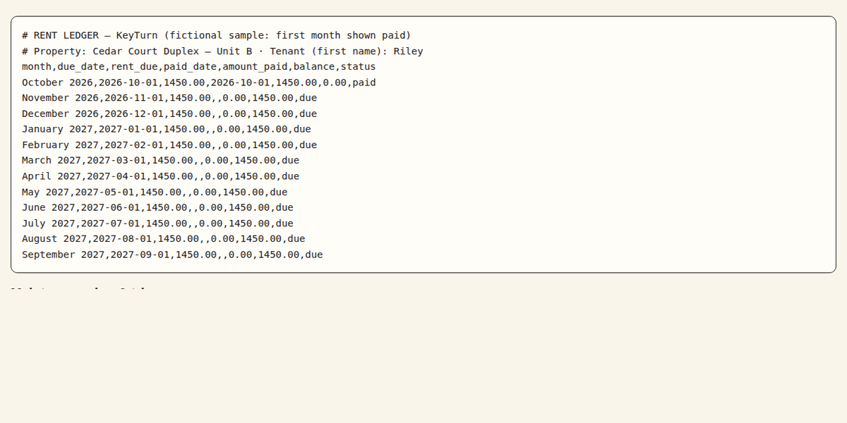 Crop of the fictional sample 12-month rent ledger CSV output — sample data, not a real tenant