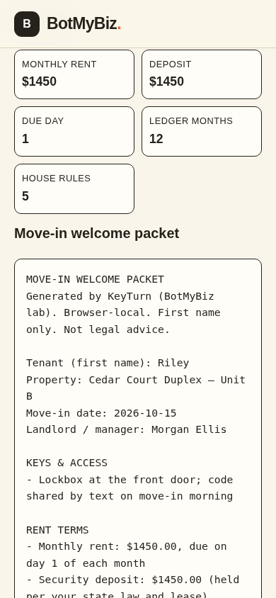 KeyTurn demo at 390 px — cropped hero of the fictional sample move-in built for a phone screen