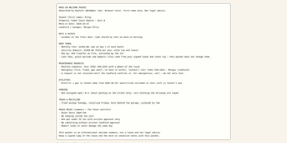 Crop of the fictional sample move-in welcome packet text output for Cedar Court Duplex Unit B — sample data, not a real tenant
