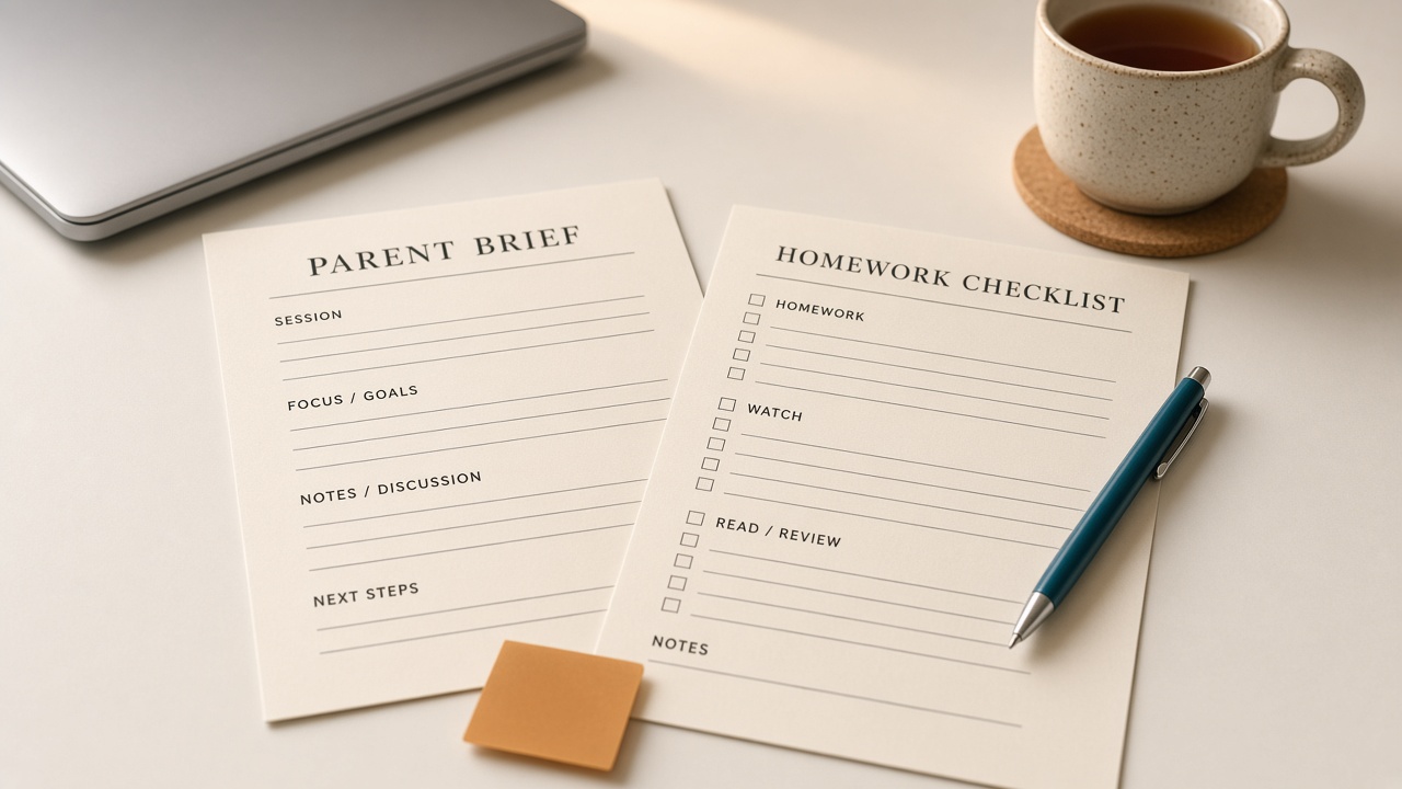 Printed LessonBrief parent brief and homework checklist on a warm tutor desk — conceptual product-in-use still