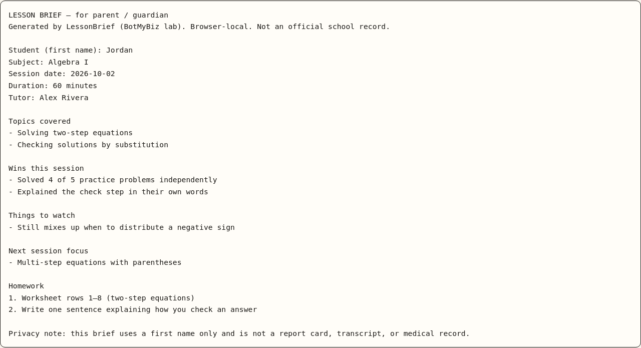 Crop of the fictional sample parent brief text output for student Jordan, Algebra I — sample data, not a real student