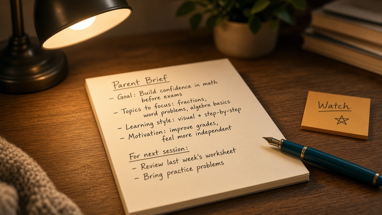 Concept photograph of a warm tutor desk with an open notepad, pen, and a parent brief — generated for the LessonBrief brand, not a real client