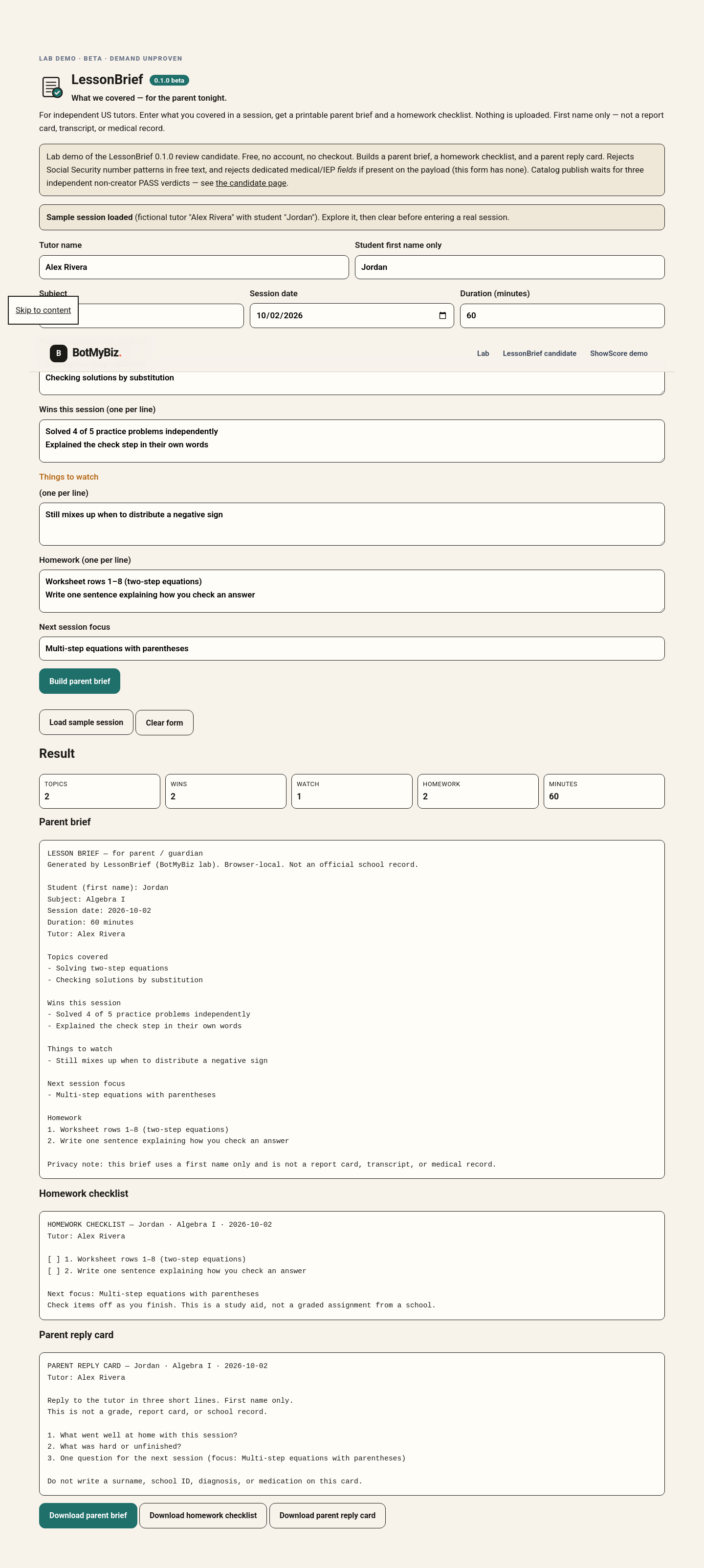 Full-page LessonBrief demo at 1440 px showing the fictional sample session built into a parent brief, homework checklist, and parent reply card