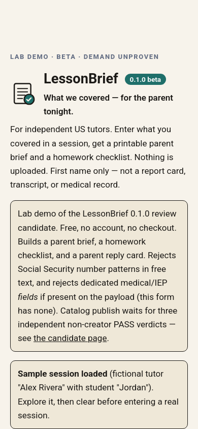 LessonBrief demo at 390 px — cropped hero of the fictional sample session built for a phone screen