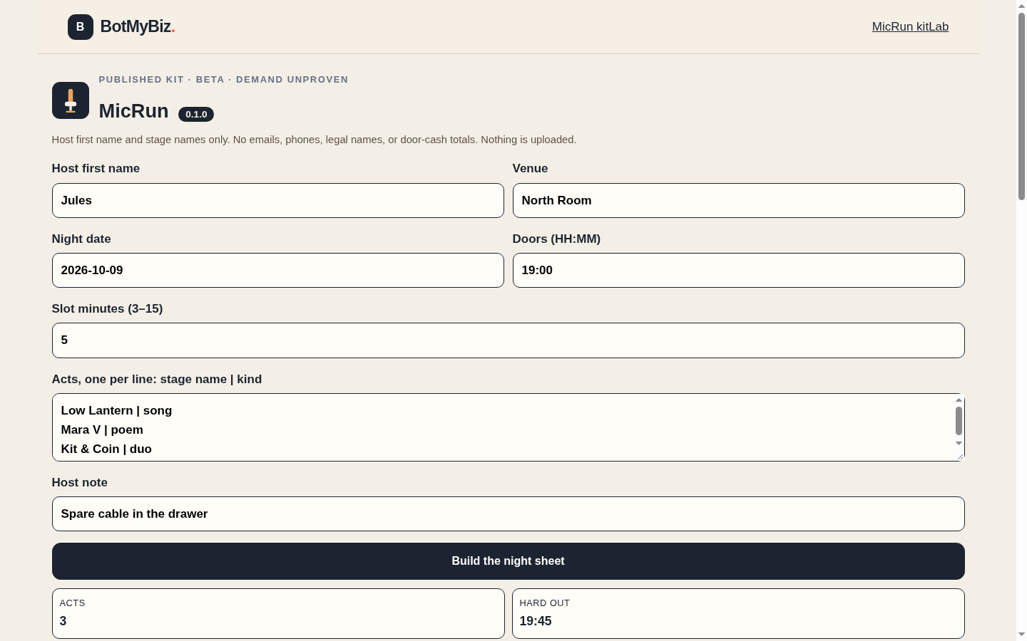 MicRun demo at desktop width with the fictional North Room night built for host Jules.