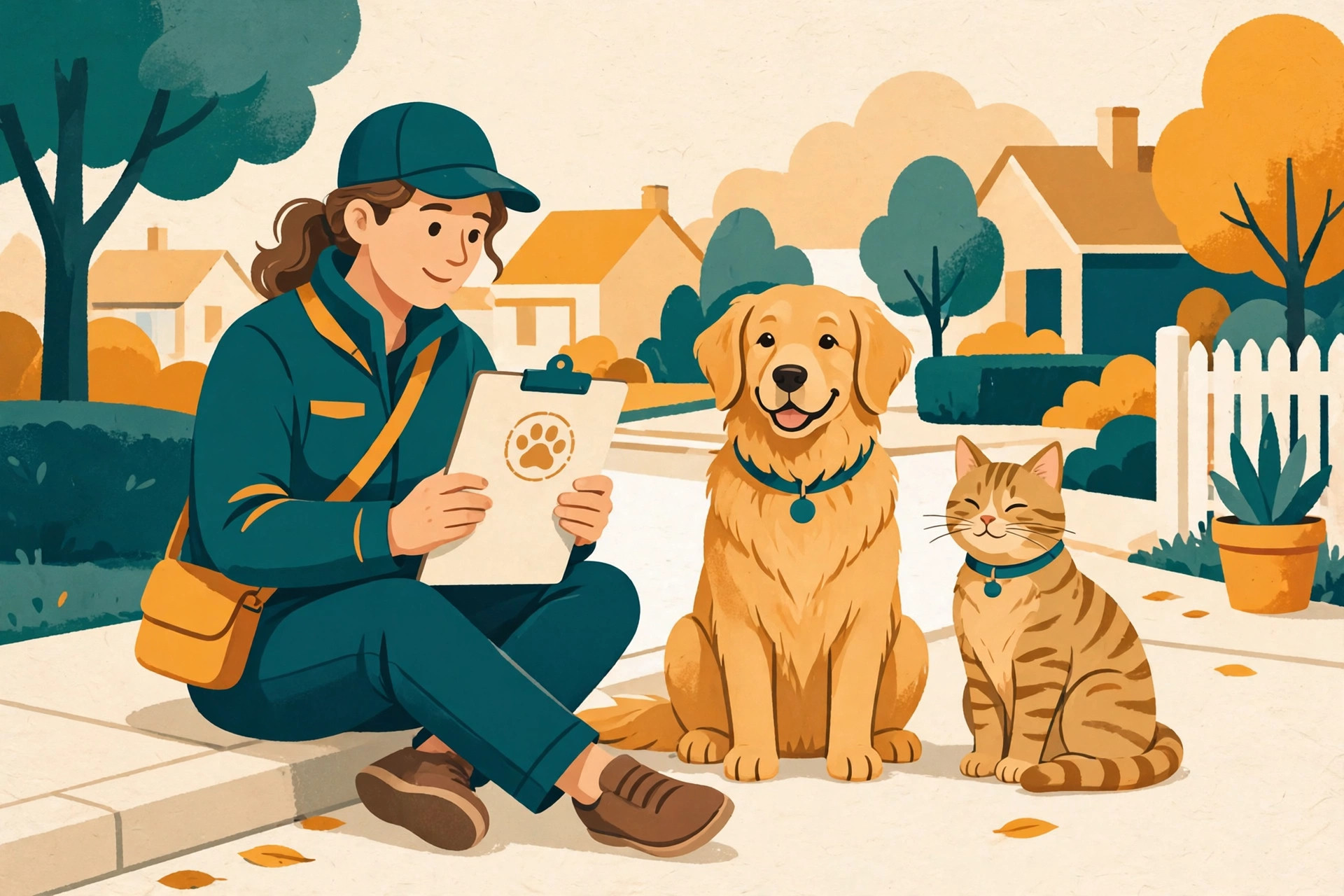 Illustration of a pet sitter with a clipboard beside a golden retriever and a tabby cat, in deep teal and amber. Generated for the brand, not a real client.