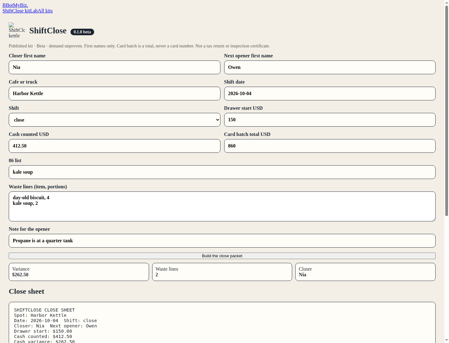 ShiftClose demo with the fictional Harbor Kettle close packet built for closer Nia.
