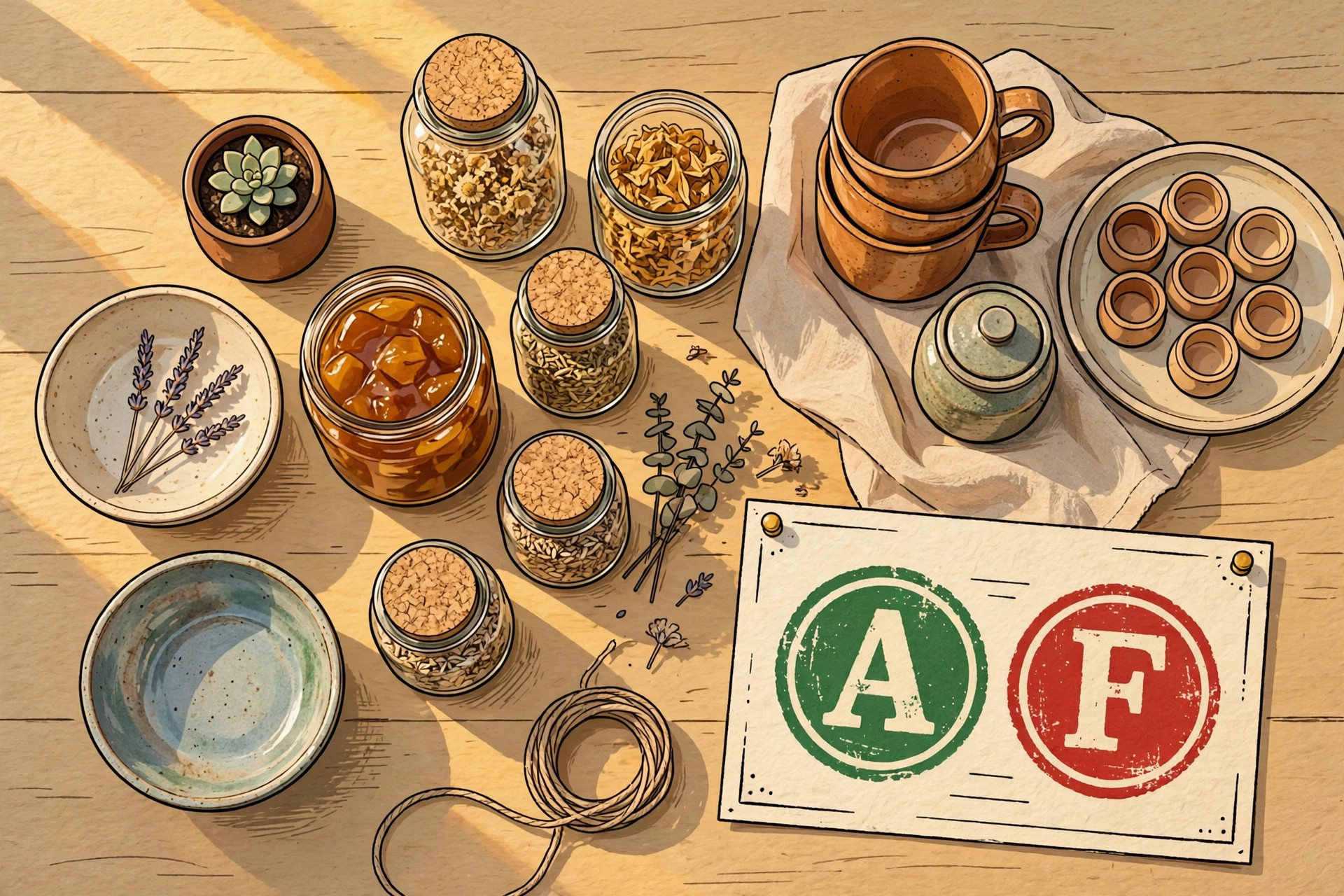 Illustration of a market vendor's table with handmade ceramics and jars, and a paper scorecard stamped with a green A grade badge and a red F badge