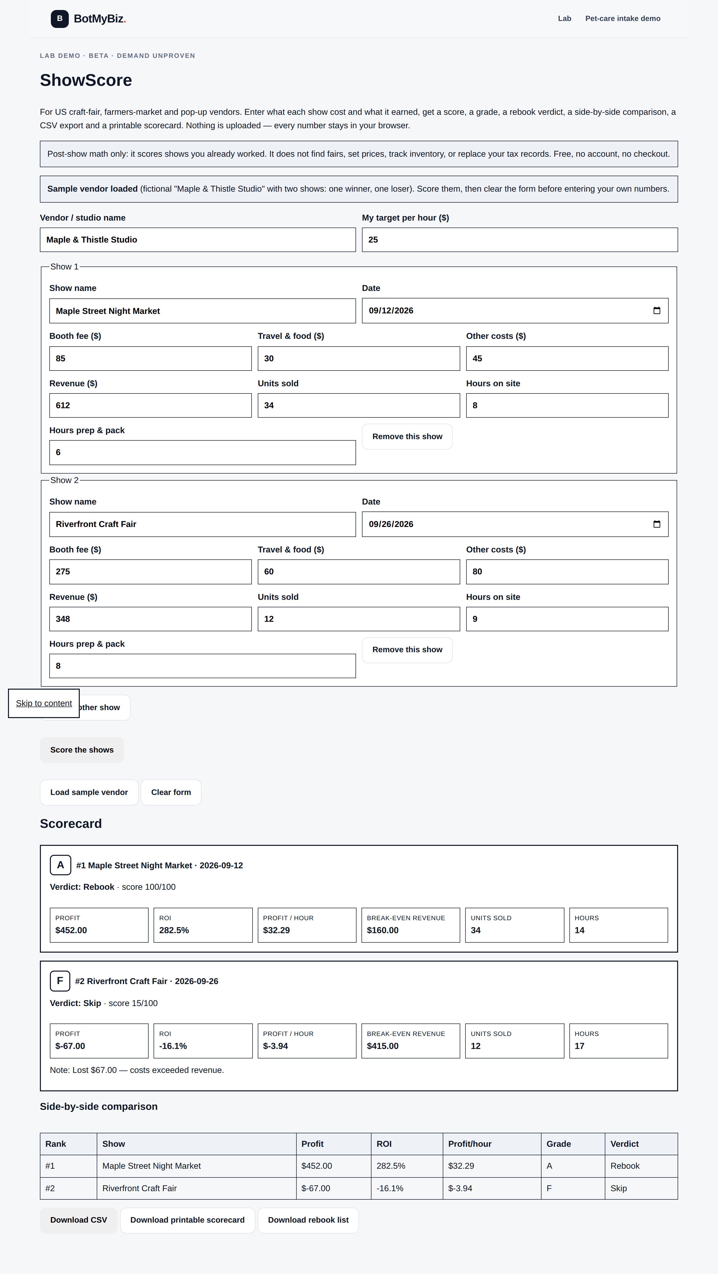 Demo at 1440 px with the fictional sample vendor scored: an A-graded show with Rebook verdict and profit stats, and an F-graded show with Skip verdict