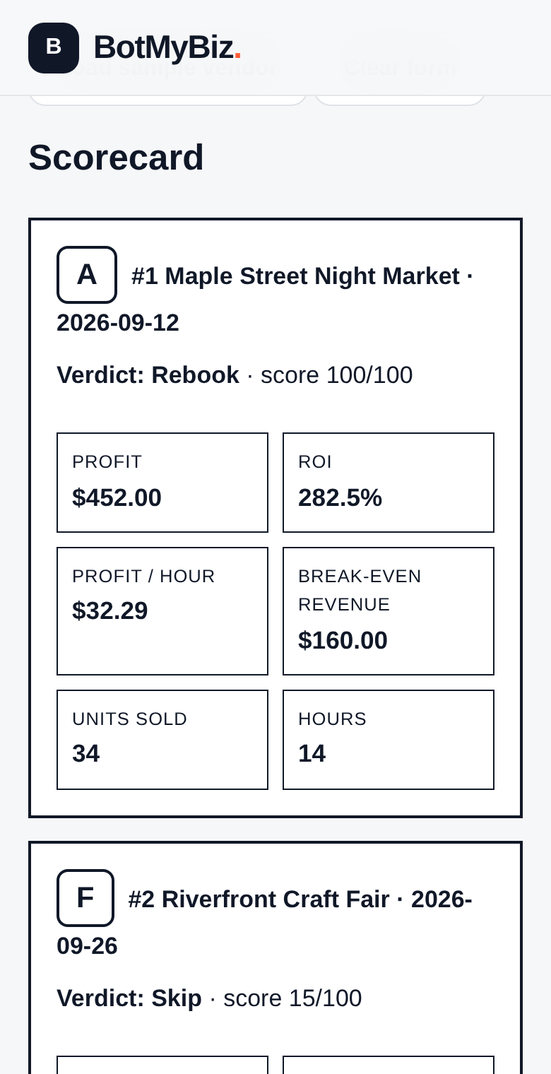 Demo at 390 px with the fictional sample vendor scored: A-grade show with Rebook verdict and F-grade show with Skip verdict, stacked