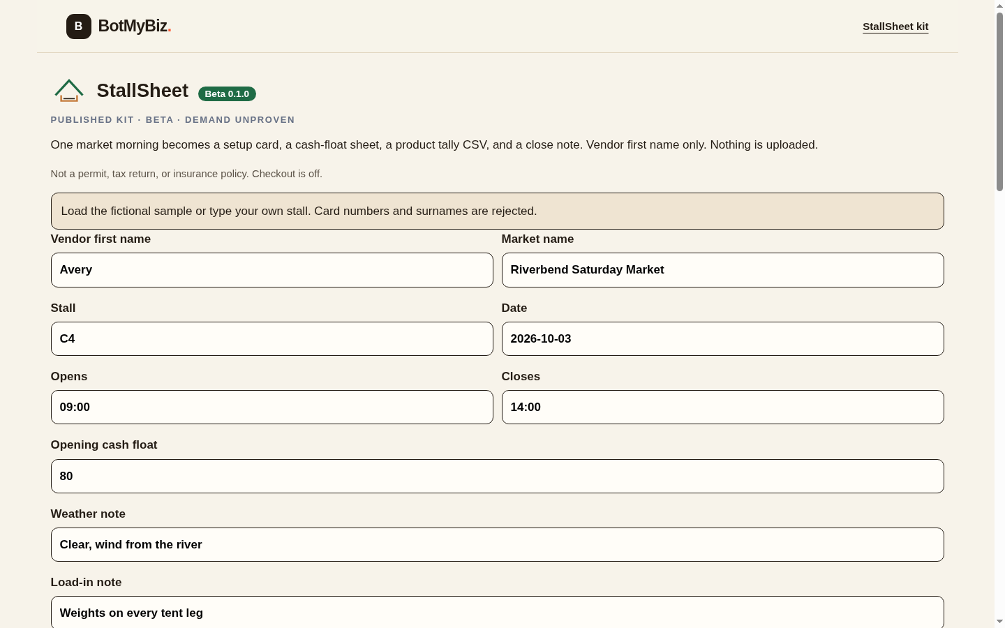 StallSheet demo at desktop width with the fictional Riverbend Saturday Market day built for vendor Avery at stall C4.